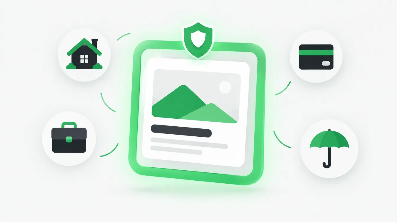 Illustration of an ad card inside a green protective frame, surrounded by housing, employment, credit and insurance icons