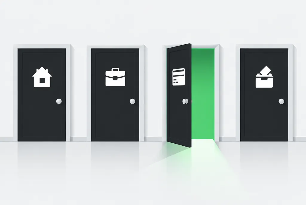 Illustration of four doors marked with house, briefcase, credit card and ballot box icons, one door open
