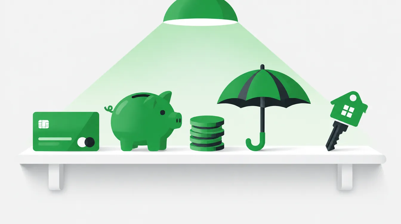 Illustration of a credit card, piggy bank, coins, umbrella and house key on one shelf under a green light