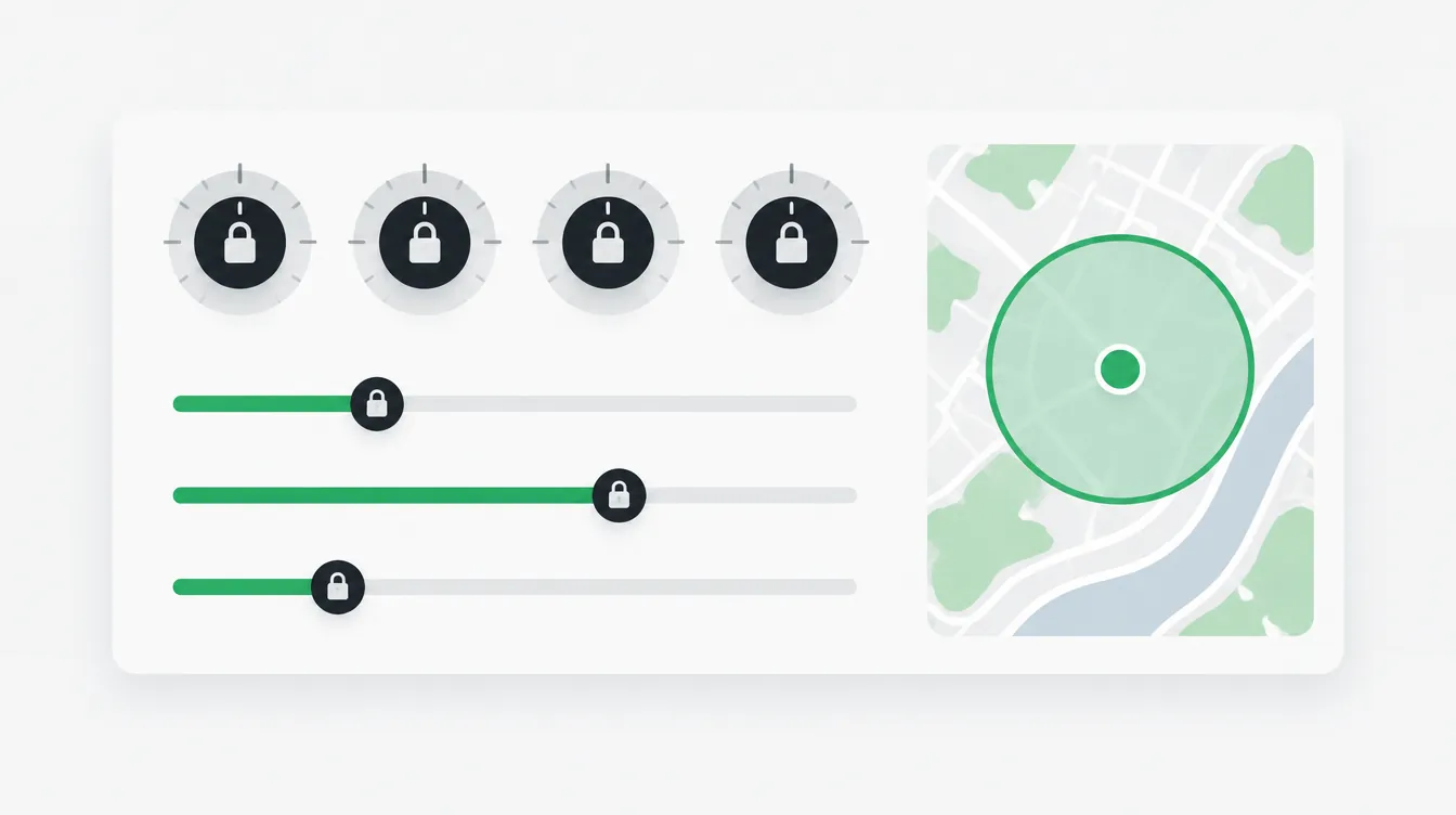 Illustration of a targeting control panel with several locked dials and a map showing a single radius