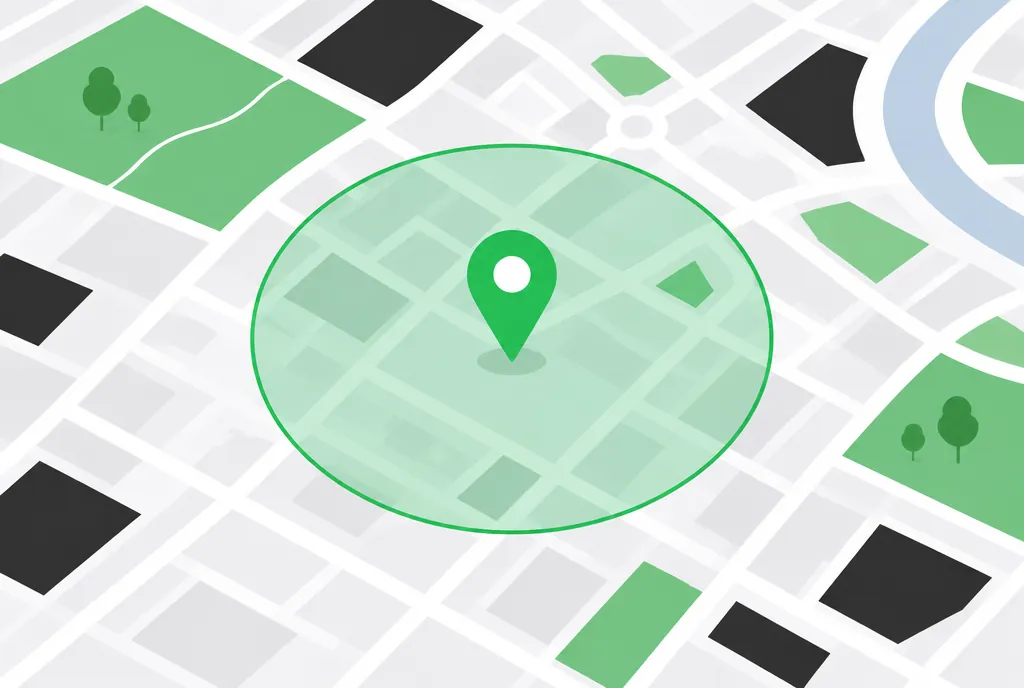 Illustration of a map pin with one wide green radius ring