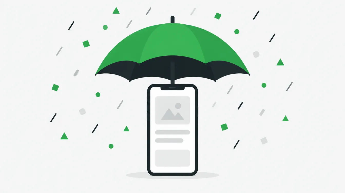 Illustration of an umbrella sheltering a smartphone showing a blank ad layout
