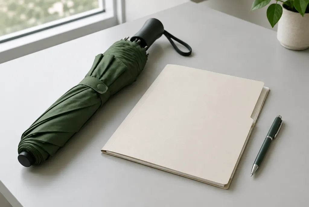 Photo of a folded green umbrella beside a blank folder and pen on a desk