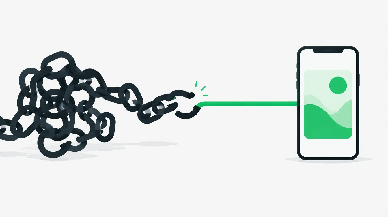 Illustration of a tangled chain straightening into a green line that leads to a smartphone