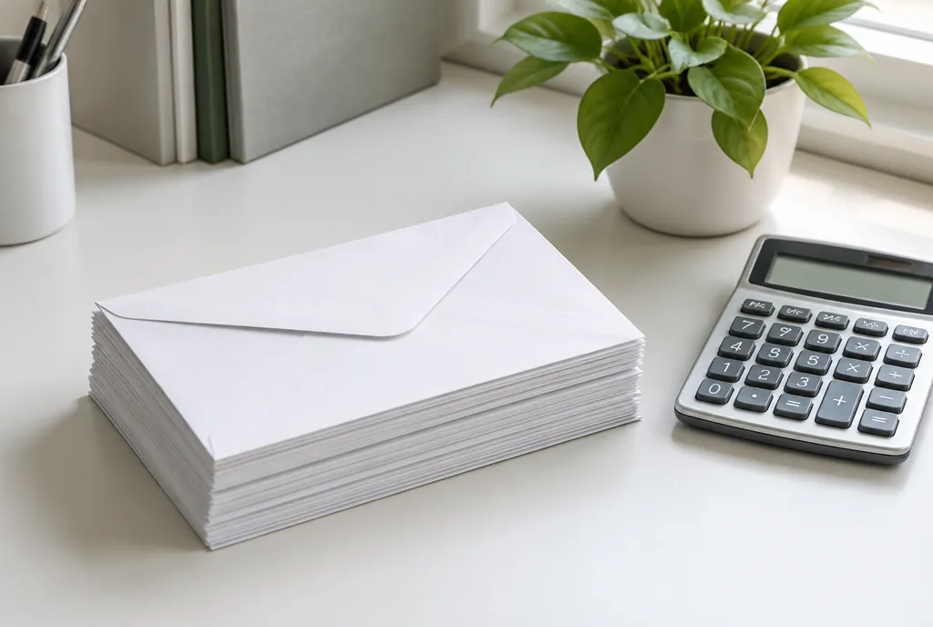 Photo of a stack of envelopes and a calculator on a tidy desk