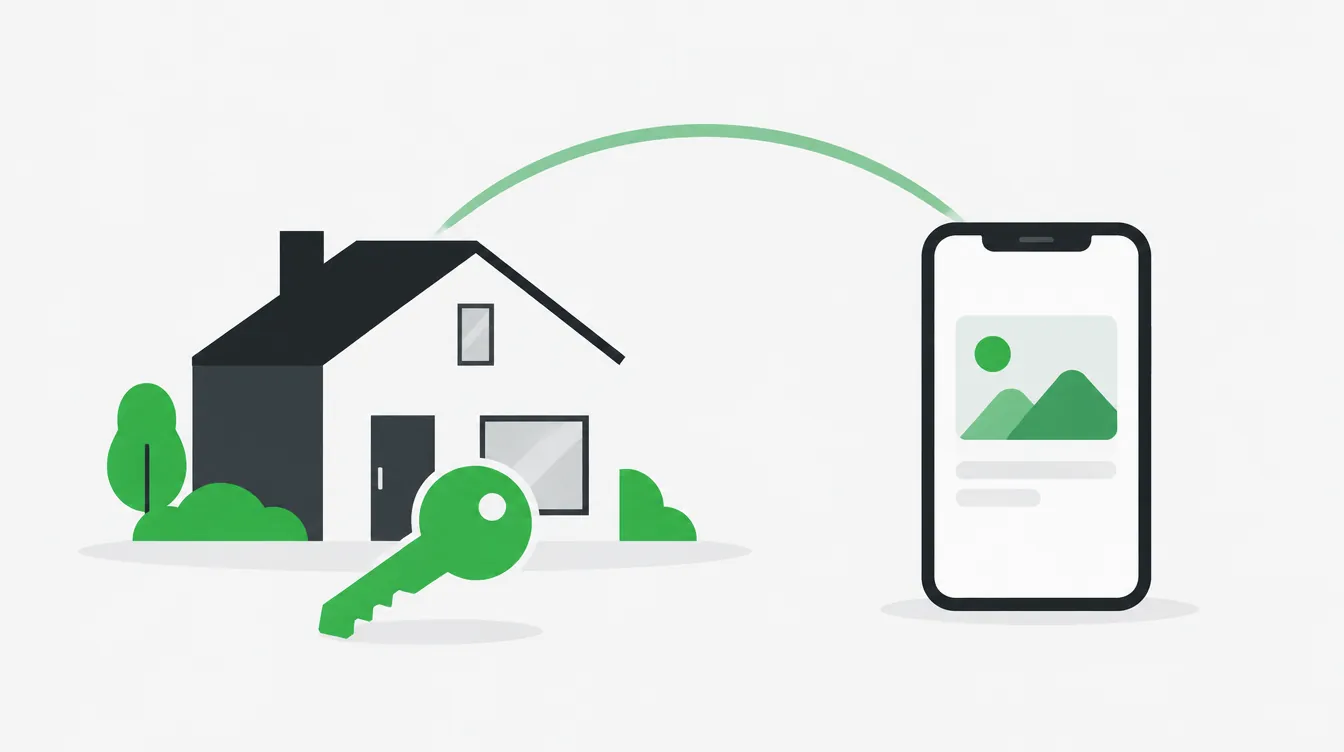 Illustration of a house and key connected by a green arc to a smartphone showing an ad