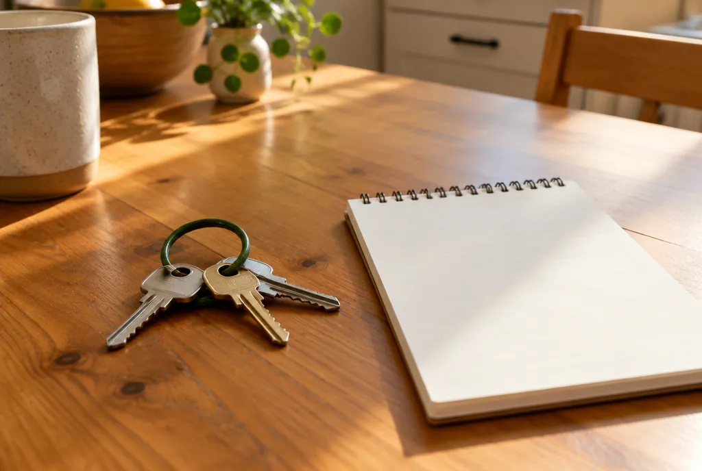 Photo of house keys on a green keyring beside a notepad on a kitchen table
