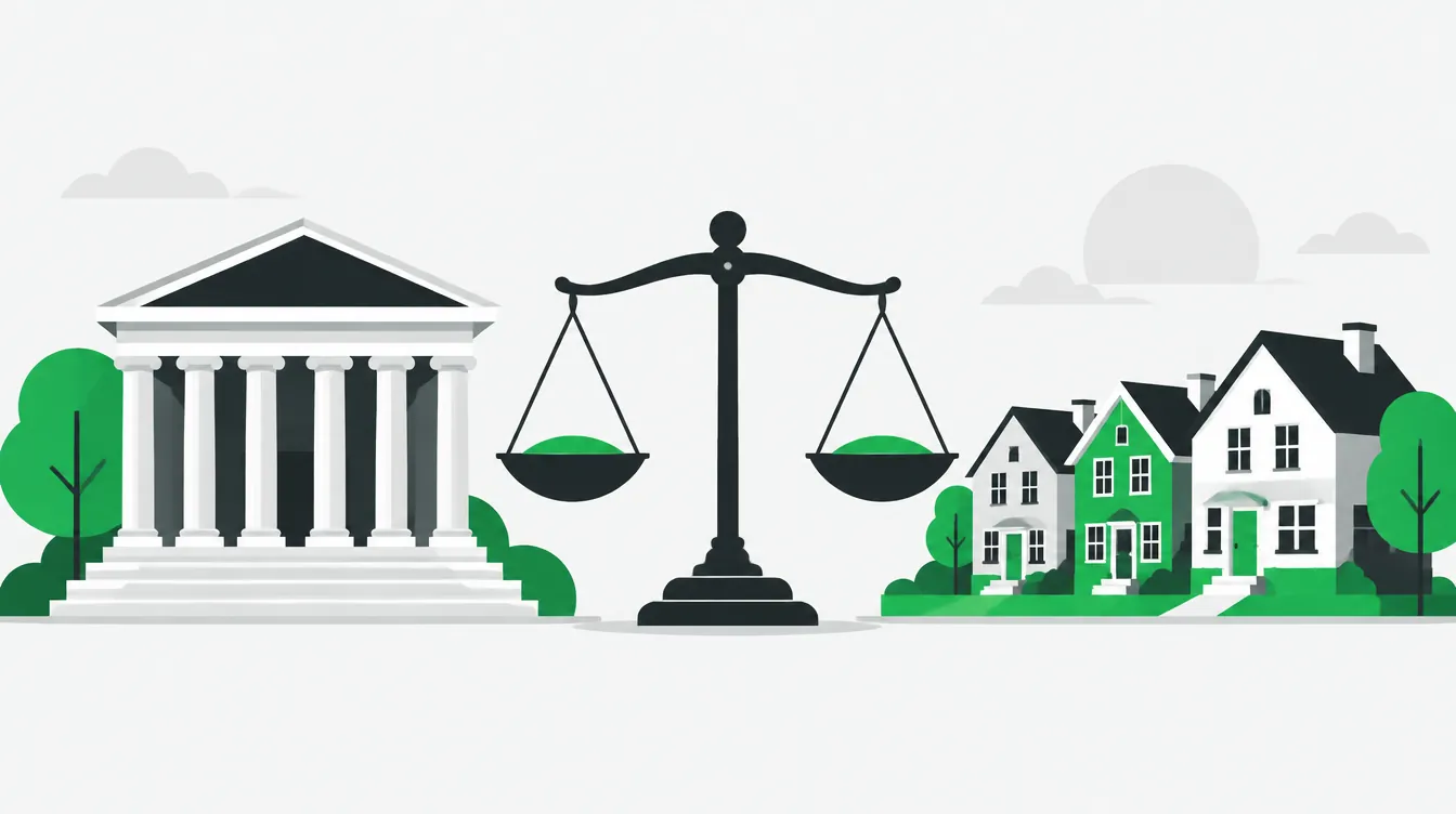 Illustration of a courthouse and a row of houses joined by a balanced scale