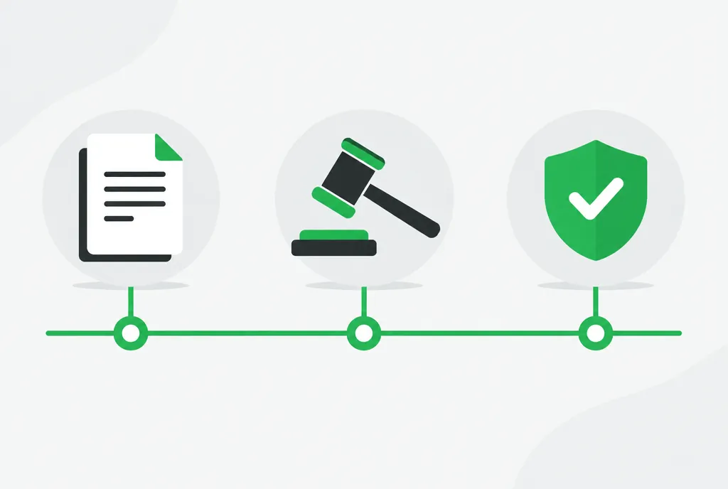Illustration of a timeline with document, gavel and shield milestones