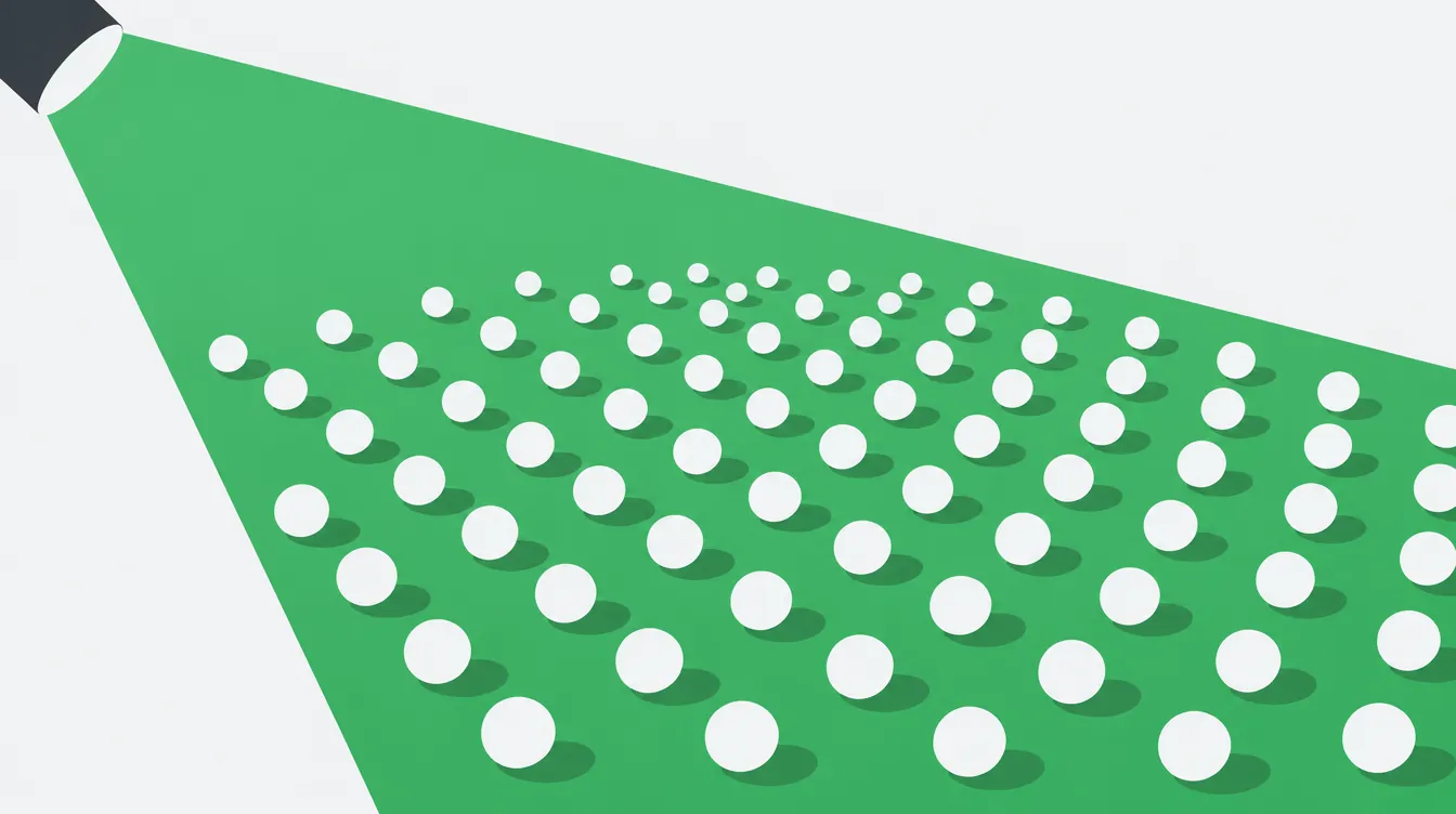 Illustration of a wide green beam evenly lighting a broad field of identical dots
