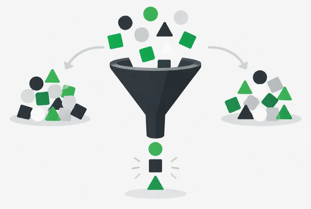 Illustration of a funnel letting only a few tokens through while others are set aside