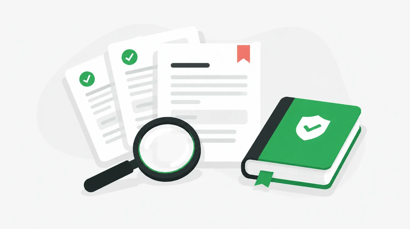 Illustration of reviewed documents with check marks and one flagged page, a magnifying glass and a rulebook