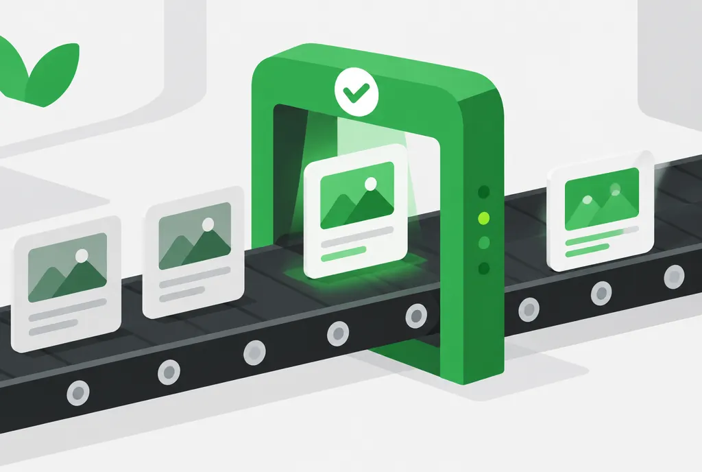 Illustration of ad cards moving on a conveyor through a green review checkpoint