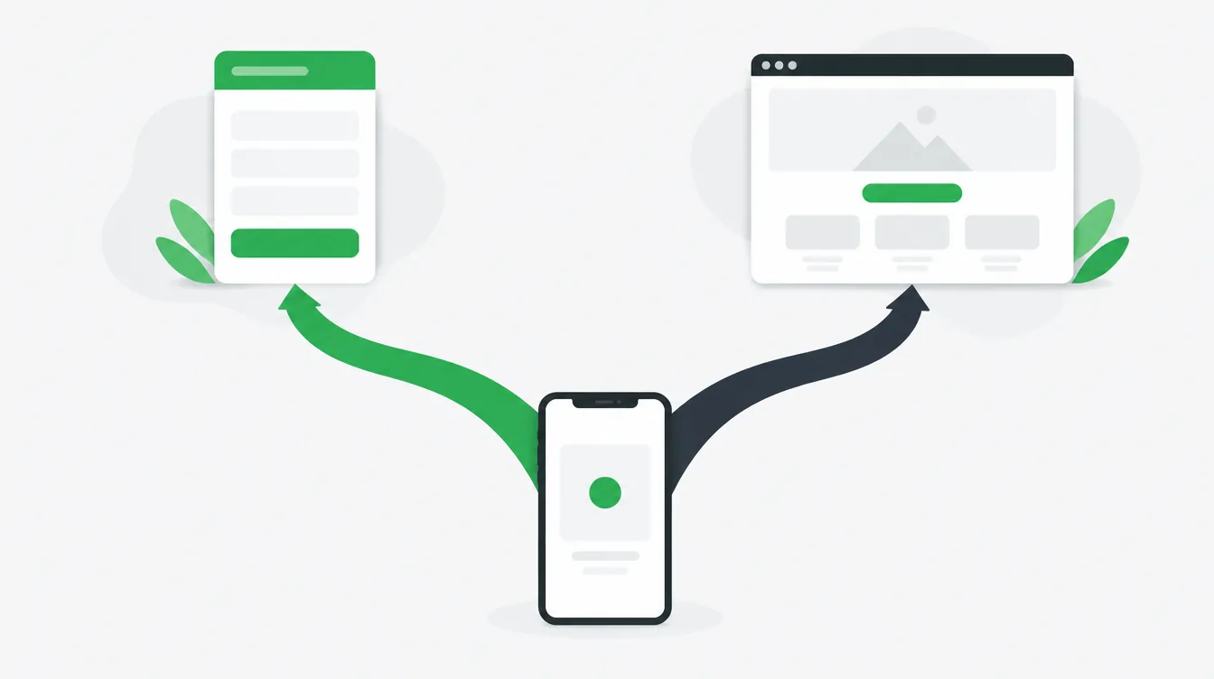 Illustration of a smartphone with two paths leading to an in-app form and a browser landing page
