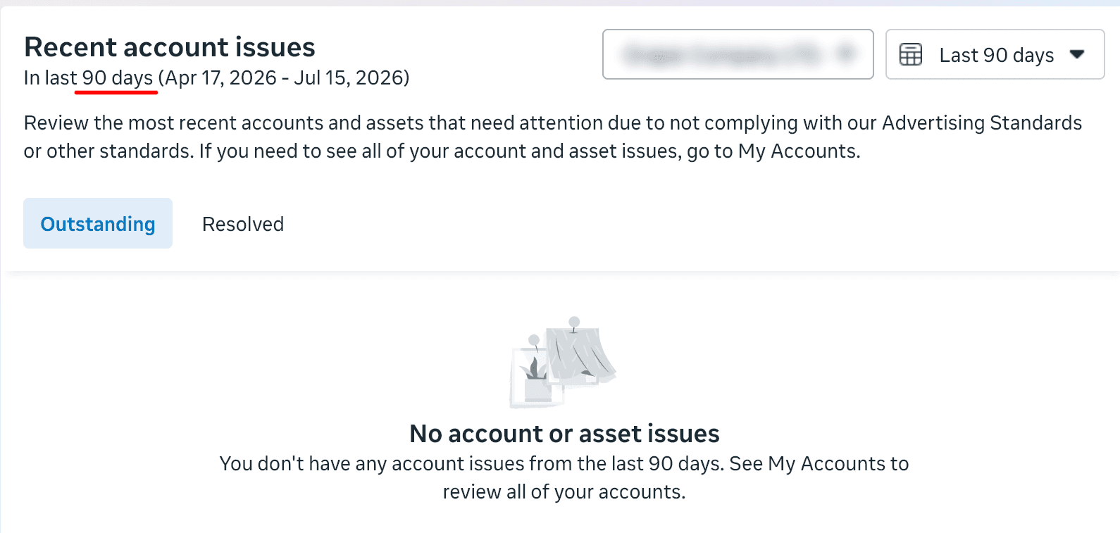 Meta Account Quality screen showing no account or asset issues in the last 90 days