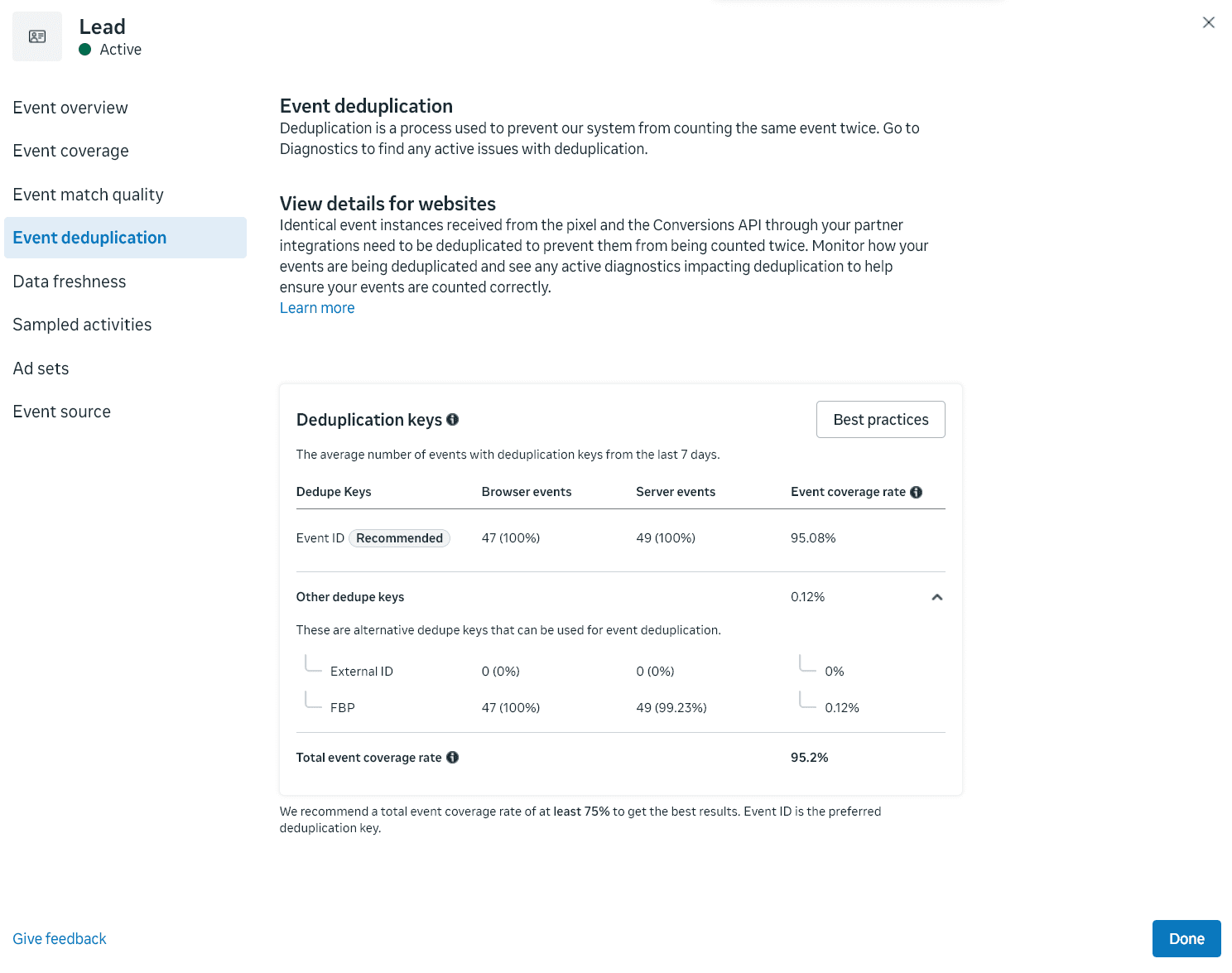 Meta Events Manager event deduplication screen for a Lead event, showing browser and server events matched by event ID with a 95.2% total coverage rate