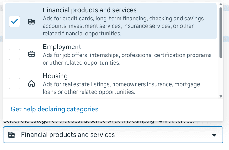 Meta Ads Manager Special Ad Category selector with Financial products and services checked, above Employment and Housing options